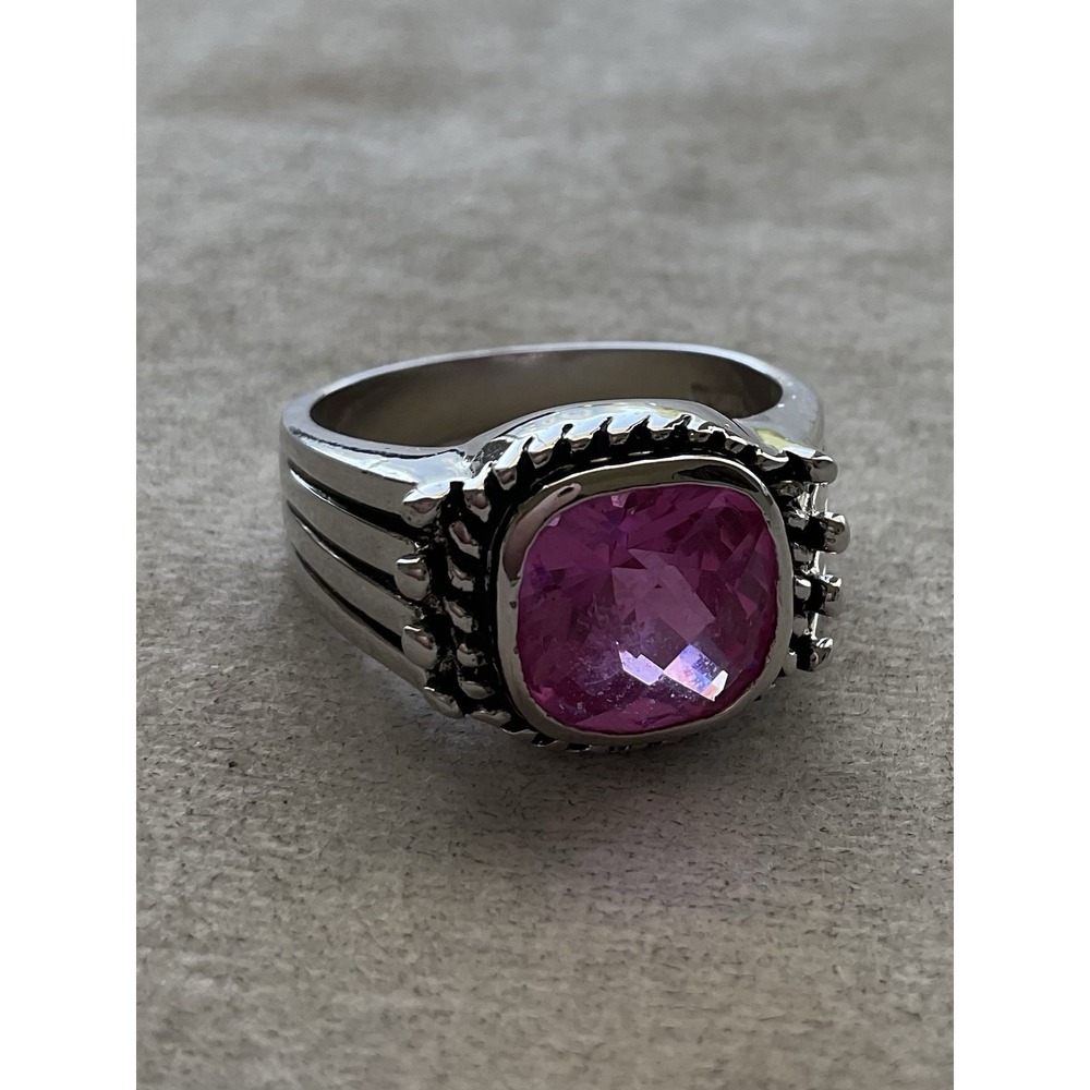 Silver-tone Cocktail Ring Square Pink Stone Or Glass Size 10 Vintage Estate Jewe